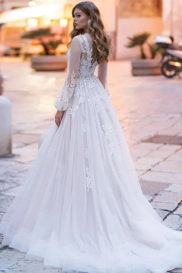 Elegant A Line V-neck Lace Court Train Wedding Dress with Appliques