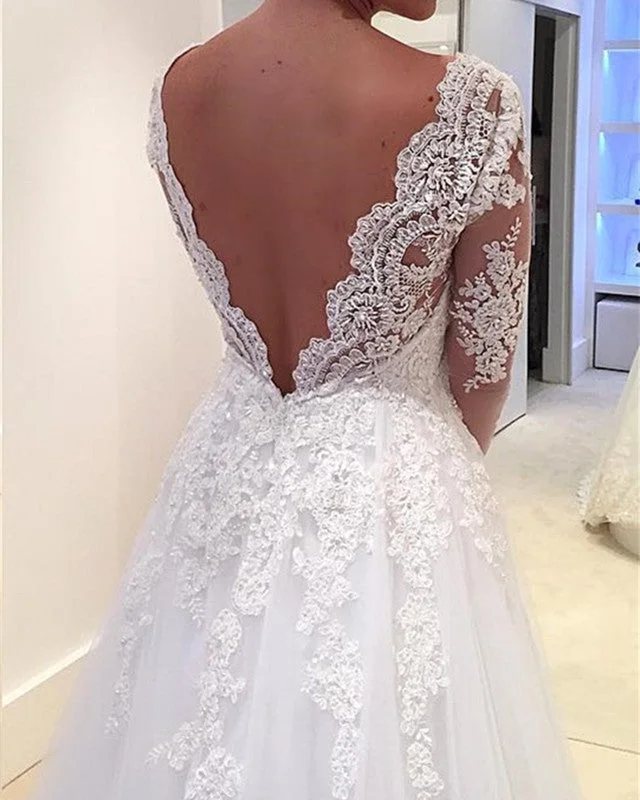 Elegant Lace Long Sleeves Tulle V-neck Wedding Dresses Princess For Bride