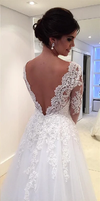 Elegant Lace Long Sleeves Tulle V-neck Wedding Dresses Princess For Bride