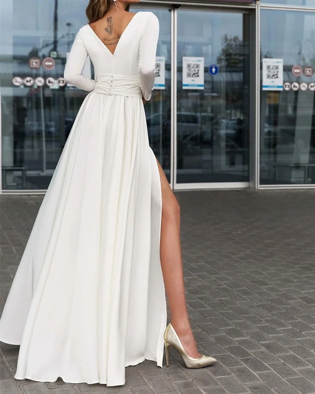 Elegant Plunge V-neck Long Sleeves Chiffon Wedding Dresses Leg Split