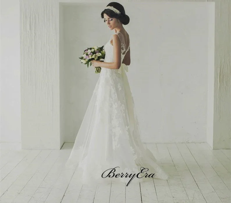 Elegant Sleeveless Lace Tulle Wedding With Beaded Belt