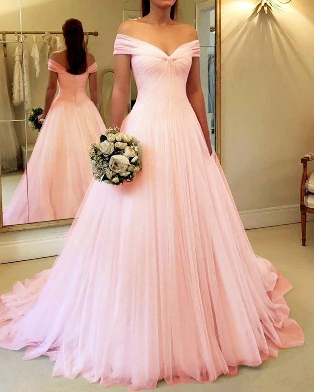 Elegant Pleated Tulle V-neck Off Shoulder Princess Wedding Dresses