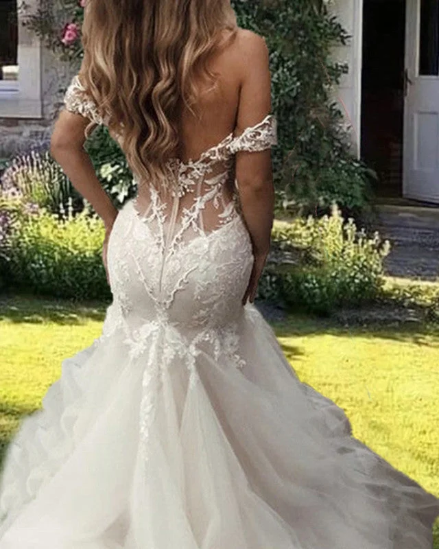 Elegant V-neck Tulle Off Shoulder Mermaid Wedding Dresses