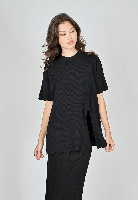 Ellie Black Knitted Short Sleeve Top and Midi Skirt Set