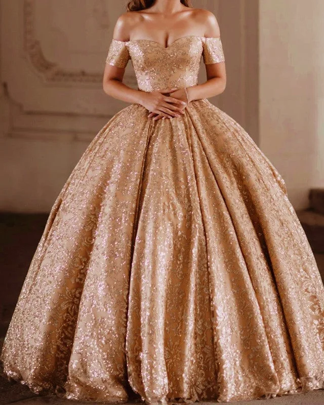 Gold Sequins Wedding Dress Ball Gown Off The Shoulder