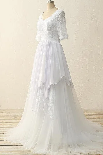 Half Sleeve Sweep Train Zipper Chiffon Tulle Lace Satin Dress