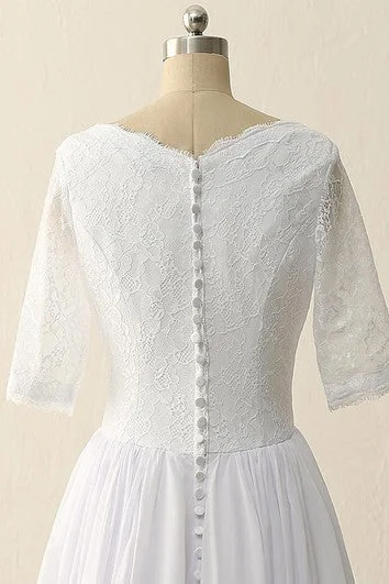 Half Sleeve Sweep Train Zipper Chiffon Tulle Lace Satin Dress