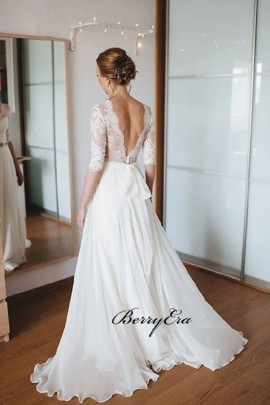 Half Sleeves Lace Chiffon Country Wedding Dresses