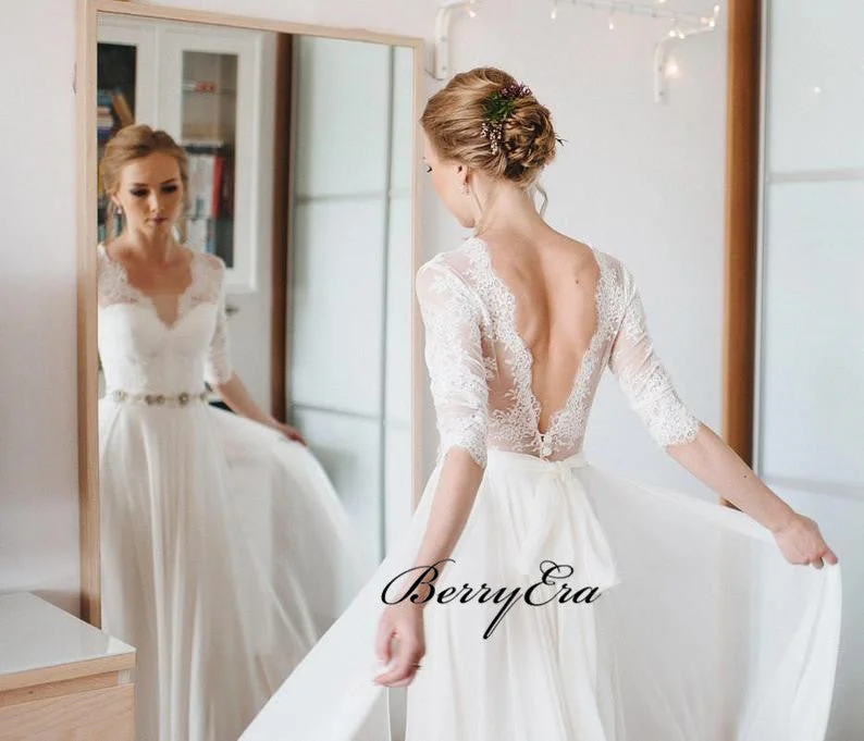 Half Sleeves Lace Chiffon Country Wedding Dresses