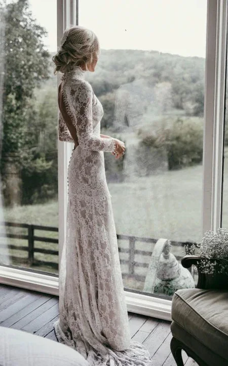 High-neck Sheer Lace Backless Long Sleeve Wedding Dress with Sweep Train