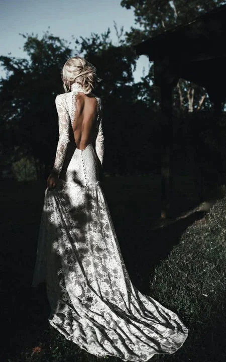 High-neck Sheer Lace Backless Long Sleeve Wedding Dress with Sweep Train