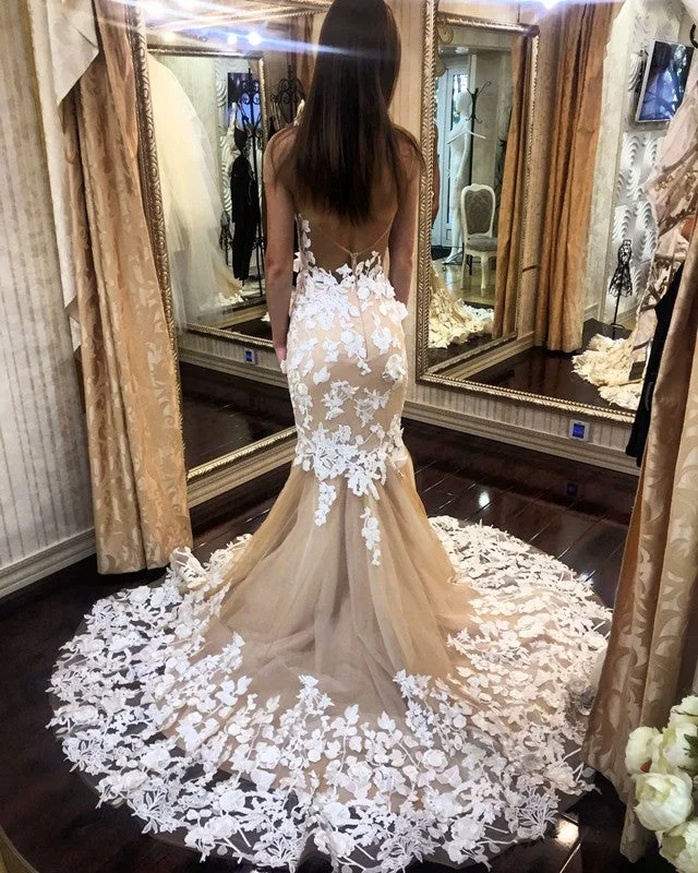 Ivory Lace Appliques Champagne Tulle Backless Mermaid Wedding Dresses