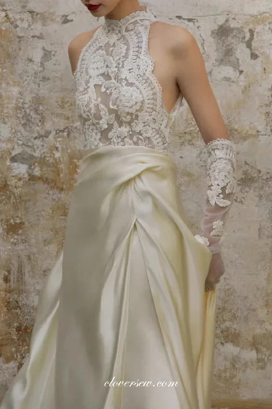 Ivory Silk Satin Illusion Lace Top Jewel Neck Vintage Wedding Dresses, CW0381