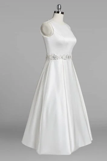 Jewel Neck Sleeveless A-Line Tea-Length Satin Wedding Dress With Beading