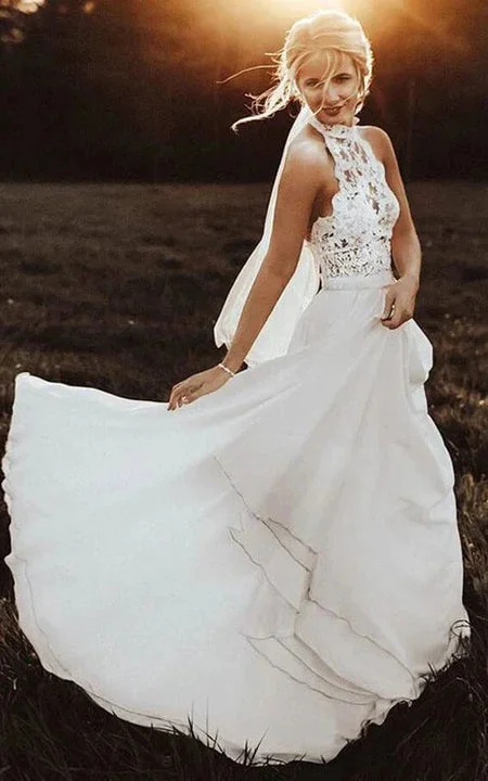 Jewel-neck Strapless Chiffon Country Wedding Dress with Lace Top