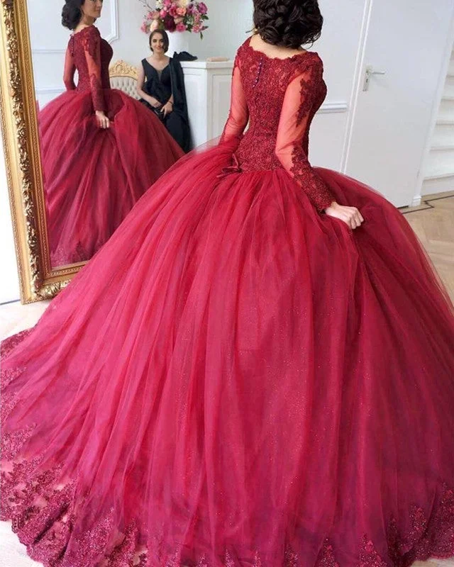 Lace Appliques Long Sleeves Tulle Ball Gowns Maroon Wedding Dresses