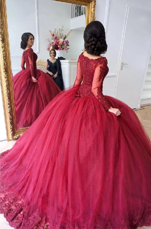 Lace Appliques Long Sleeves Tulle Ball Gowns Maroon Wedding Dresses