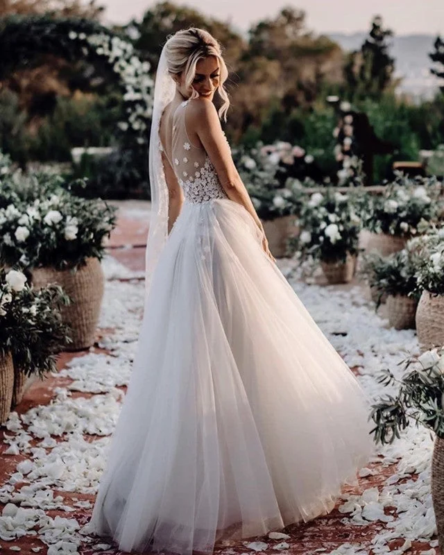 Lace V Neck Tulle Wedding Dress Destination