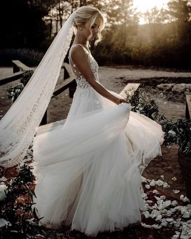 Lace V Neck Tulle Wedding Dress Destination