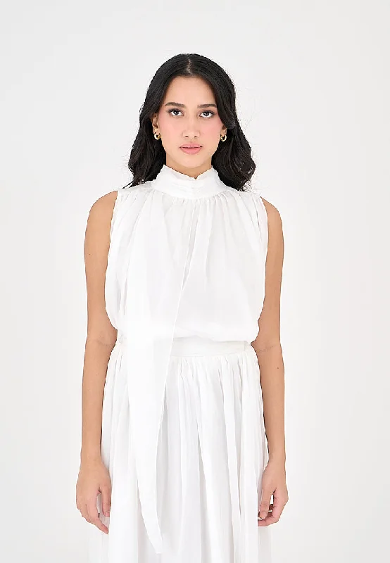 Mia White Elegant Chiffon Sleeveless Top and Midi  Skirt Set