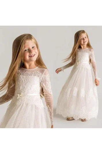 Modern Tulle Lace A-line Flower Girl Dress Long Sleeve