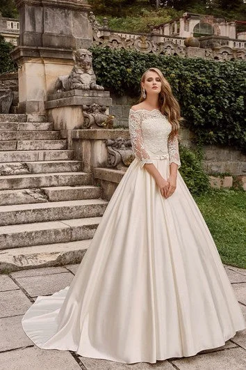 Off-the-shoulder Long A-line Satin Wedding Dress With Lace Bodice