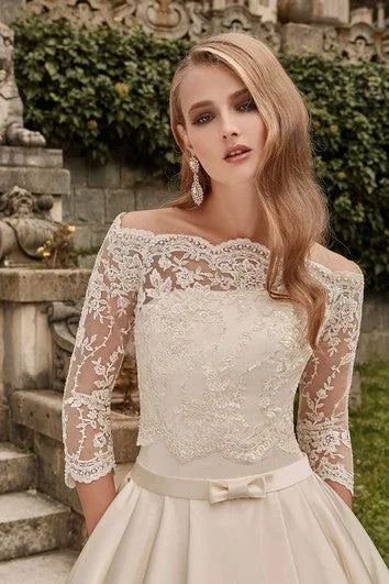 Off-the-shoulder Long A-line Satin Wedding Dress With Lace Bodice