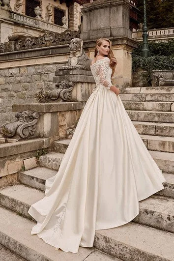 Off-the-shoulder Long A-line Satin Wedding Dress With Lace Bodice