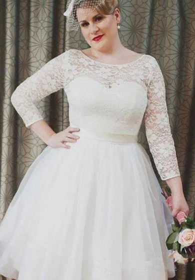 Plus Size Vintage Style Scoop Neckline 3-4 Long Sleeve Lace Tea Length Bridal Gown