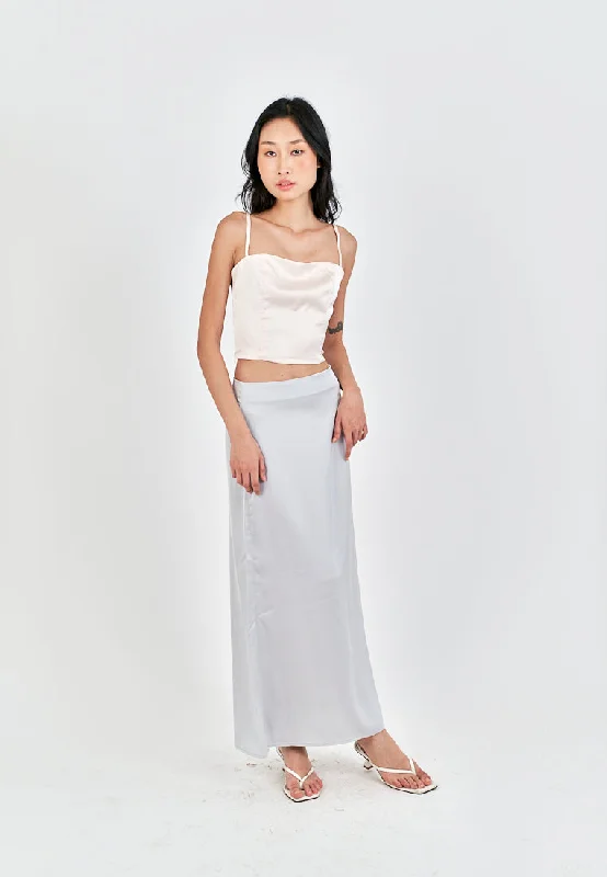 Evren Grey Satin Zipper Fly Midi Skirt