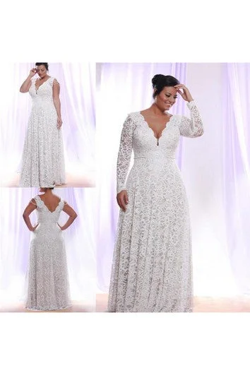 Removable Long Sleeves V Neck Floor Length A Line Lace Plus Size Wedding Dress