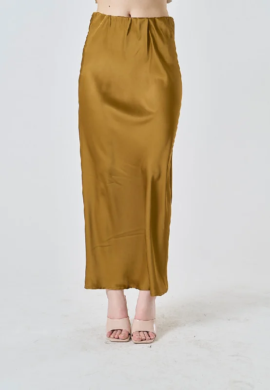 Sanity Caramel Brown Satin Elastic Waist A-Line Maxi Skirt