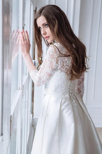 Scoop-Neck Lace 3/4 Length Sleeve A-Line Satin Wedding Dress With Corset Back