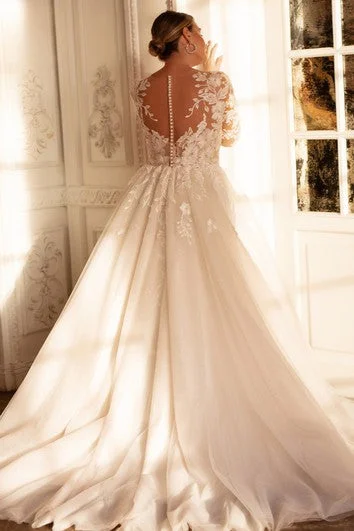 Sexy Ball Gown Bateau Lace Sweep Train Wedding Dress with Appliques