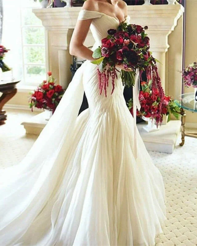 Sexy Tulle Mermaid Wedding Dresses Off Shoulder V Neck