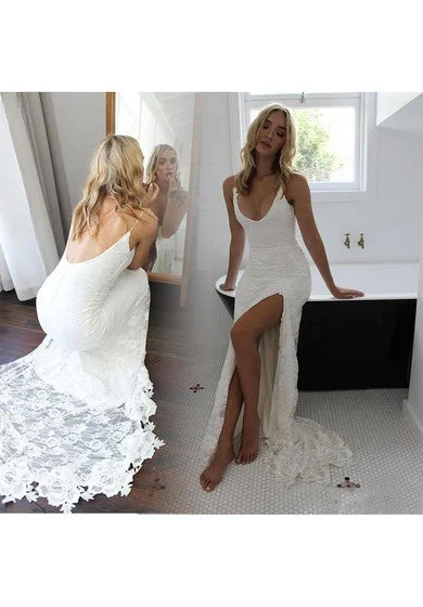 Sexy Summer Beach Open-Back Side-Split Lace Destination Elopement Simple/Casual Wedding Dress