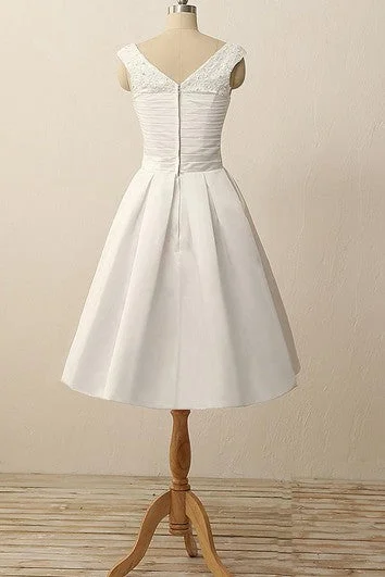 Short V-Neck Pleats Beading Appliques Satin Dress