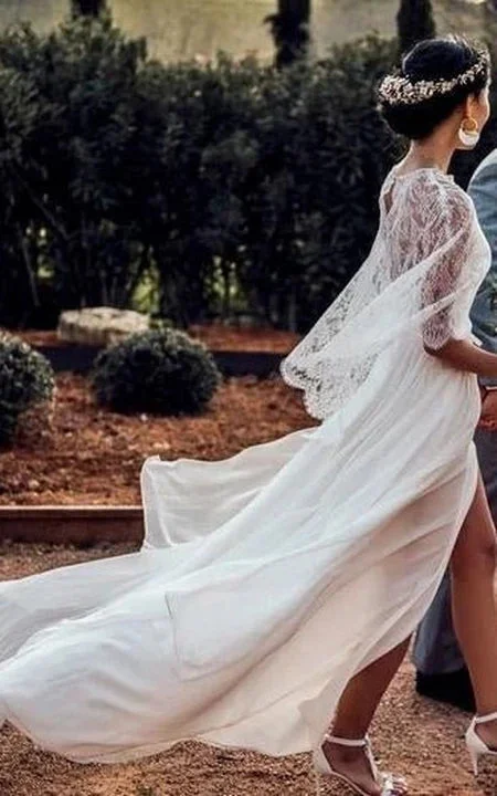 Simple Destination Front Split Chiffon Wedding Dress with Lace Cape