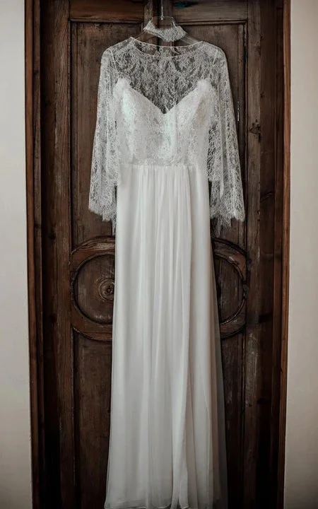 Simple Destination Front Split Chiffon Wedding Dress with Lace Cape