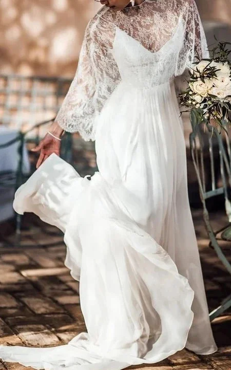 Simple Destination Front Split Chiffon Wedding Dress with Lace Cape