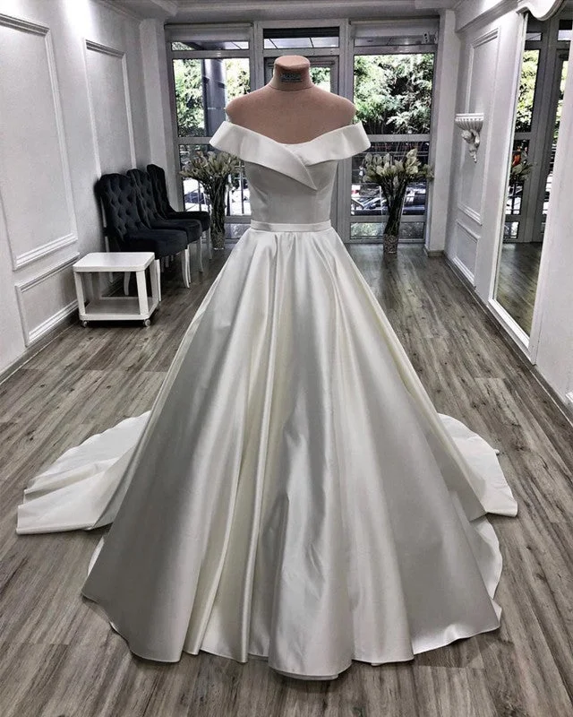 Simple Satin Wedding Dress Ball Gown Off Shoulder