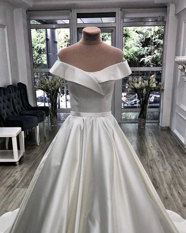 Simple Satin Wedding Dress Ball Gown Off Shoulder