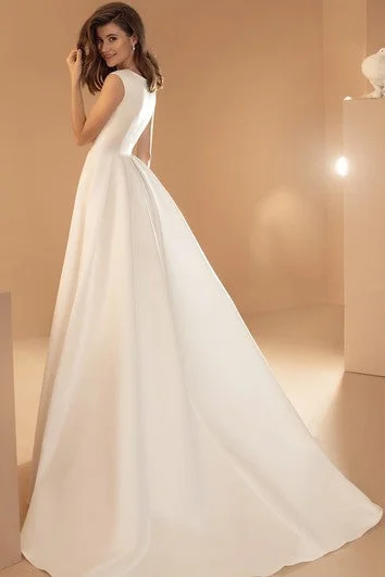 Simple V-neck Satin Ball Gown Sleeveless Floor-length Sweep Train Wedding Dress with Pockets