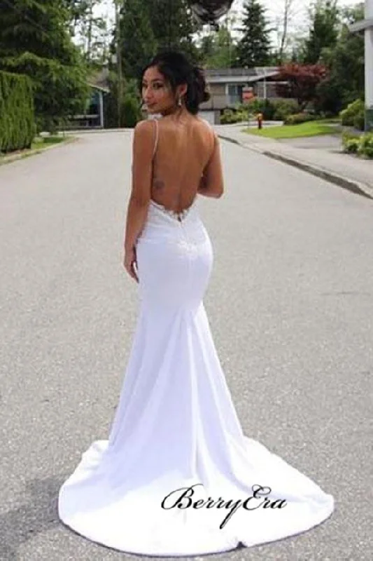 Spaghetti Straps V-neck Mermaid Long Wedding Dresses, Lace Wedding Dresses