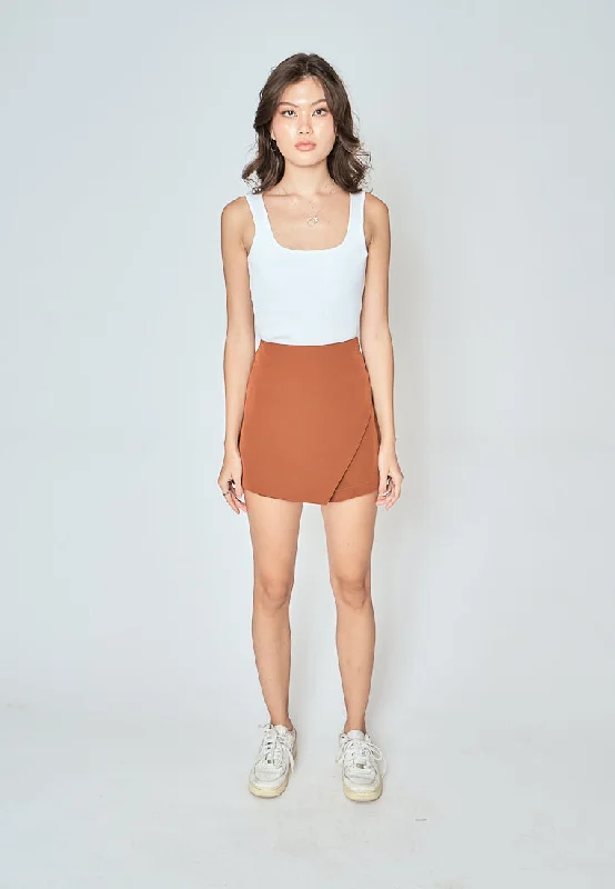 Teri Brown Asymmetrical Overlap with Side Zipper Casual Mini Skort