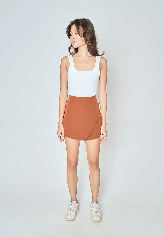 Teri Brown Asymmetrical Overlap with Side Zipper Casual Mini Skort