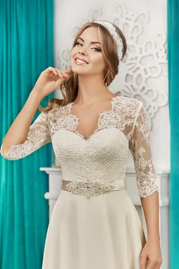 V-neck Half Sleeve Lace Top V Back Satin Dress