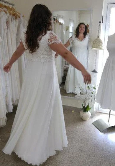 V-Neck Short Sleeve Lace Chiffon Plus Size Wedding Dress