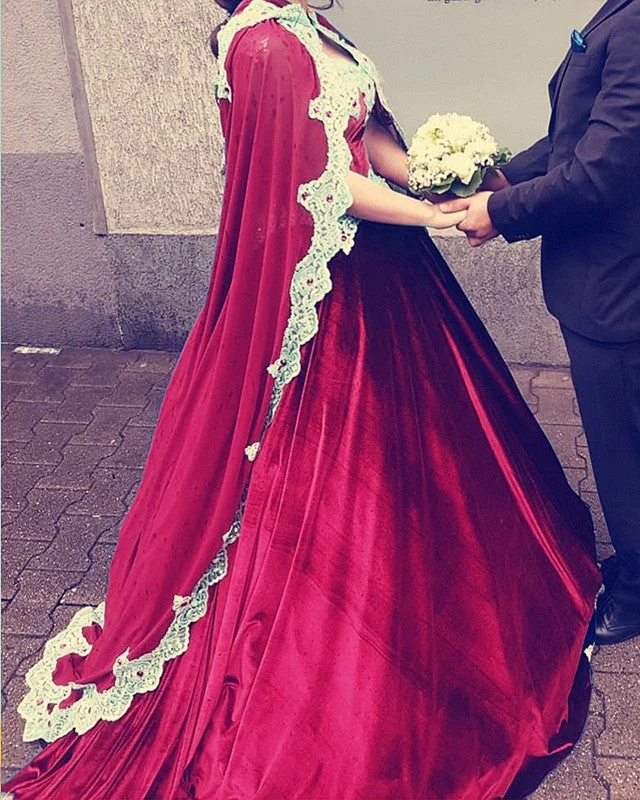 Velvet Ball Gown Wedding Dress With Cape