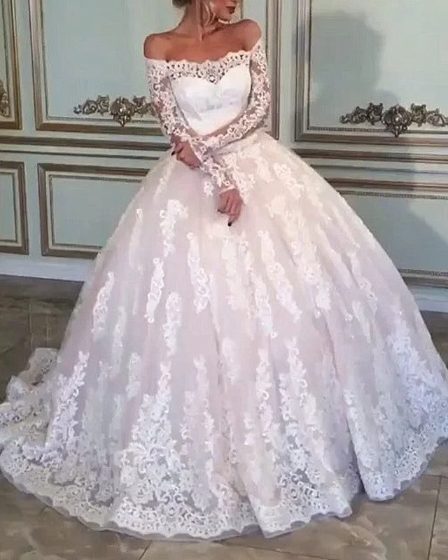 Vintage Lace Long Sleeves Wedding Ball Gown Dresses Off Shoulder